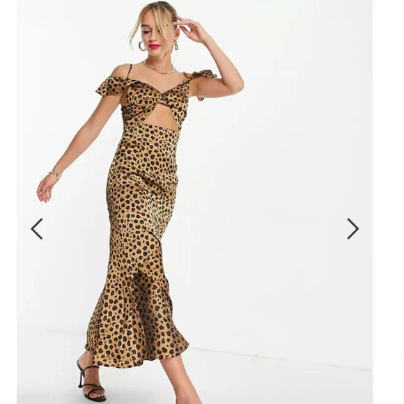 Never Fully Dressed Ruffle Sleeve Cut Out Maxi Dress NWT Leopard Brown Size 6 - Picture 3 of 11